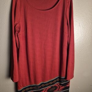 Spense Deep Red Top with Aztec Patterned Hem